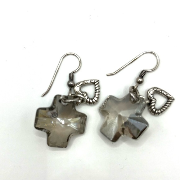 Brighton Crystal Karma Cross Earrings with Heart Charms Silver Plated Dangle - Picture 12 of 12